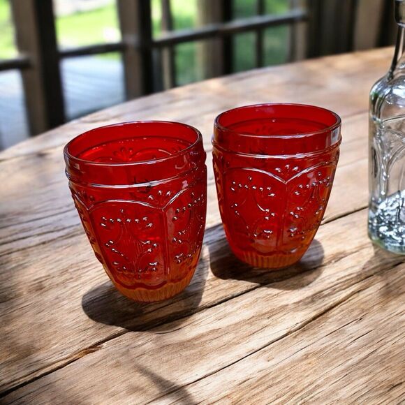 2 Ruby Red Pattern Lowball Old Fashioned Whiskey Double Rocks Tumblers Trestle - Picture 3 of 6